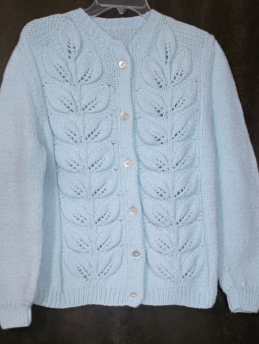 70's Light Blue Climbing Vine Pattern Handmade Cardigan Sweater Size L